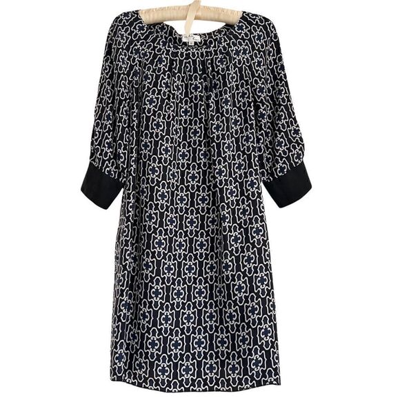 Milly New York Silk Long Sleeve Dress Black + Tan Medallion Pattern Size 0 - Picture 1 of 8